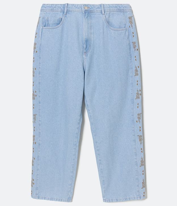 Pantalón Recto Jeans Delavé con Recorte y Bordado Lateral Curve & Plus Size Azul 8