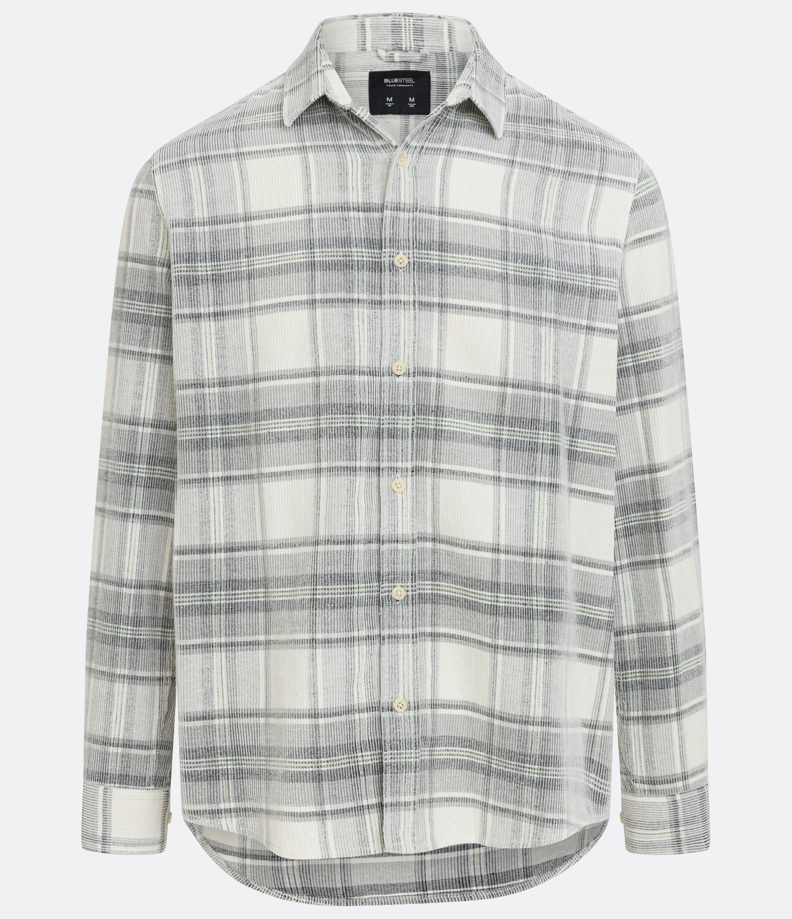 Camisa em Veludo com Textura Cotelê e Estampa Xadrez Bege/ Preto 1