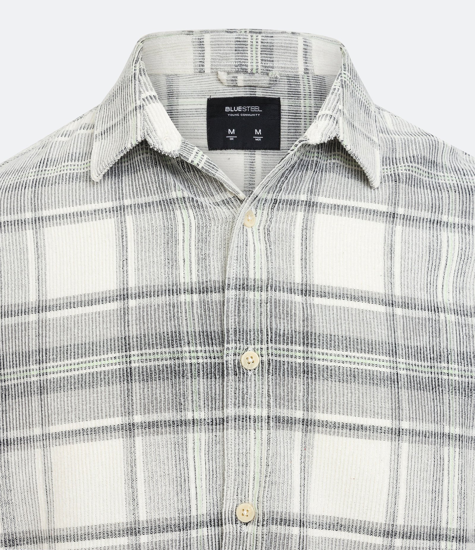 Camisa em Veludo com Textura Cotelê e Estampa Xadrez Bege/ Preto 3