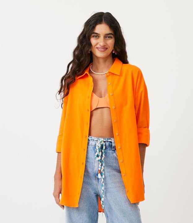 Camisa Alongada em Tricoline com Manga Longa