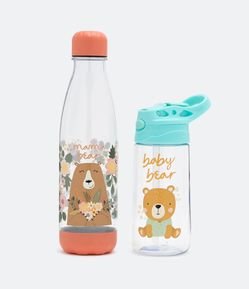 Kit Garrafas Plásticas com Estampa Mamãe Urso e Bebê Urso