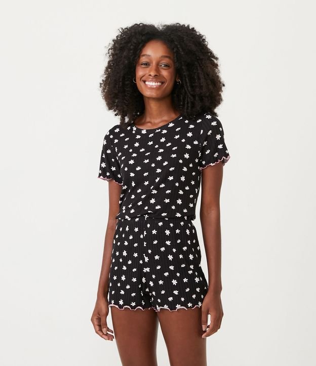 Pijama Curto em Ribana com Estampa Margaridas e Frufru na Borda