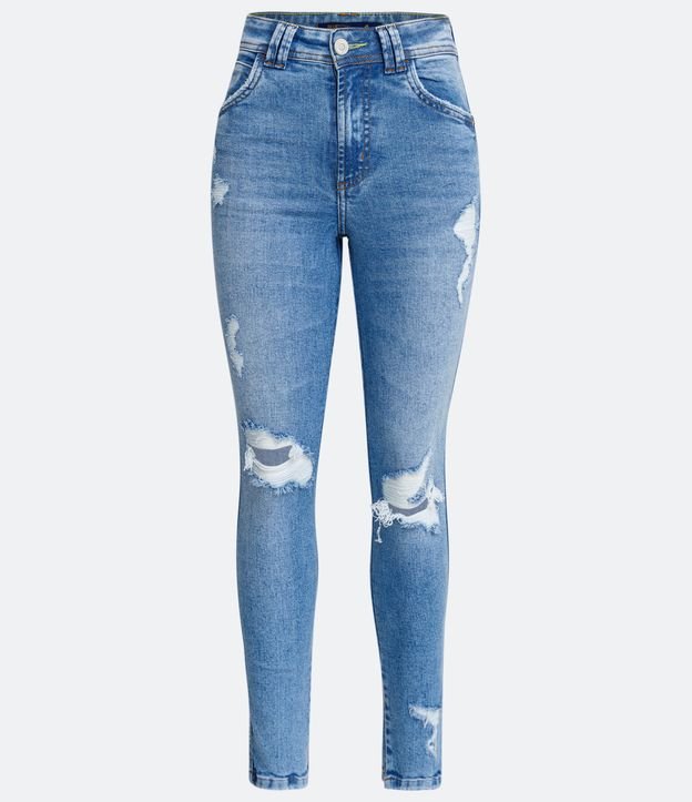 Pantalón Skinny Cintura en Jeans con Rotos y Aberturas en el Dobladillo Azul