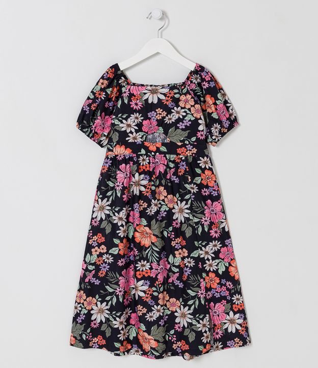 Vestido Infantil Estampa Floral e Mangas Bufantes - Tam 5 a 14 Anos