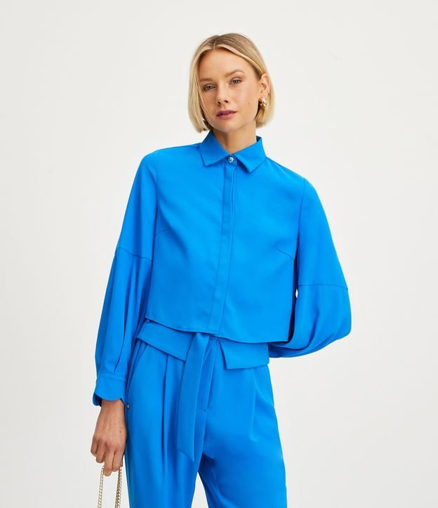 Camisa Curta em Crepe com Mangas Bufantes e Punhos Diferenciados Azul 1