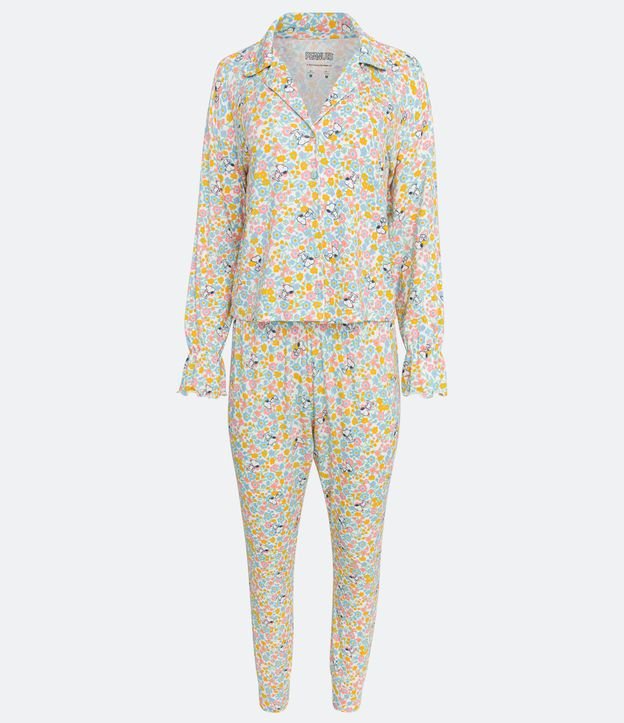 Pijama Americano Largo en Viscolycra con Estampado Floral Snoopy Blanco 5