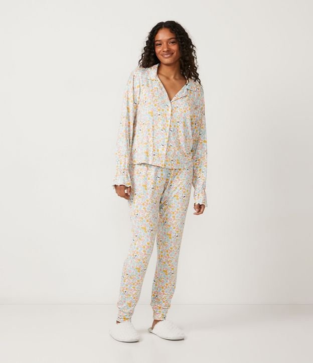 Pijama Americano Largo en Viscolycra con Estampado Floral Snoopy Blanco 1