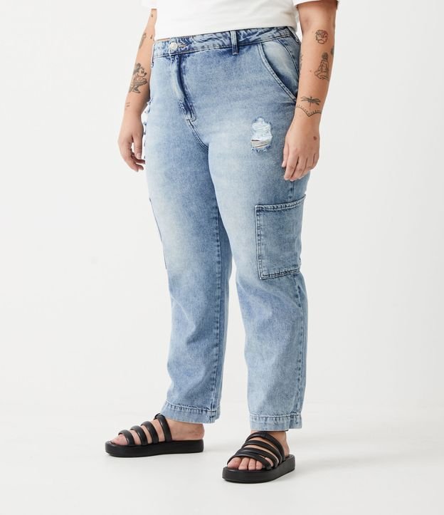 Calça Cargo Jeans com Puídos Curve & Plus Size Azul 1