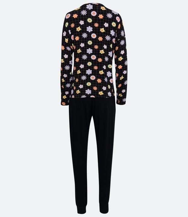 Pijama Longo em Viscolycra com Estampa Flores Preto 6