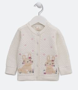 Cardigan Infantil em Tricô com Bordado de Corações e Coelhinhos - Tam  0 a 18 meses
