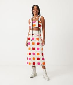 Saia New Midi em Tricô com Blocos de Cor e Pontos Crochê