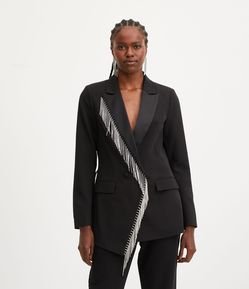 Blazer Alongado em Crepe com Franjas de Strass