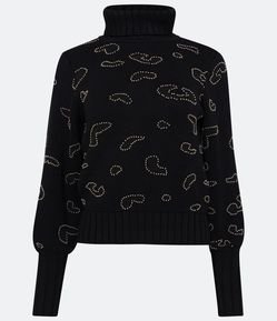 Blusa Manga Longa em Tricô com Gola Alta e Tachas