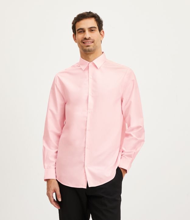 Camisa Regular em Microfibra com Gola Colarinho e Manga Longa Rosa Claro 1