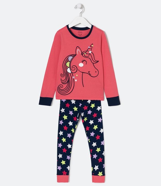 Pijama Largo Infantil Estampado Unicórnio con Estrellas - Talle 2 a 14 años Rosado 1
