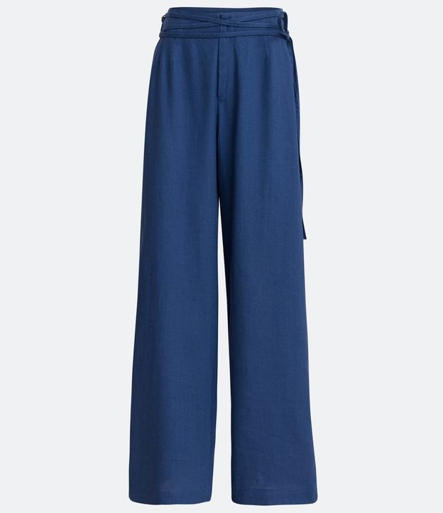 Pantalón Pantalona Sastrería en Lino con Cinturón de Tela Azul 5
