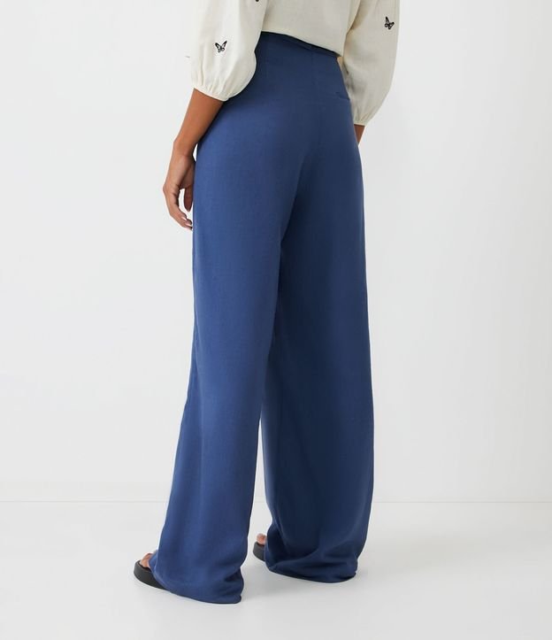 Pantalón Pantalona Sastrería en Lino con Cinturón de Tela Azul 3
