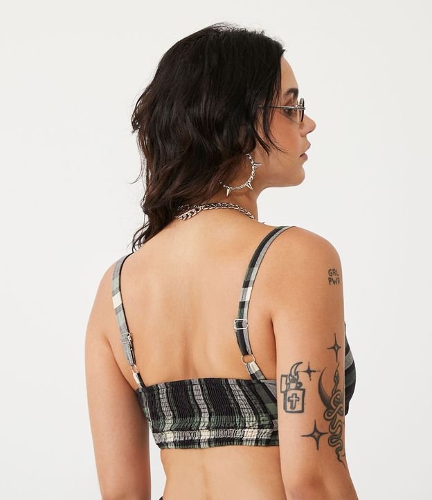 Blusa Cropped de Tirantes de Tricolina con Estampado de Cuadros Negro 3