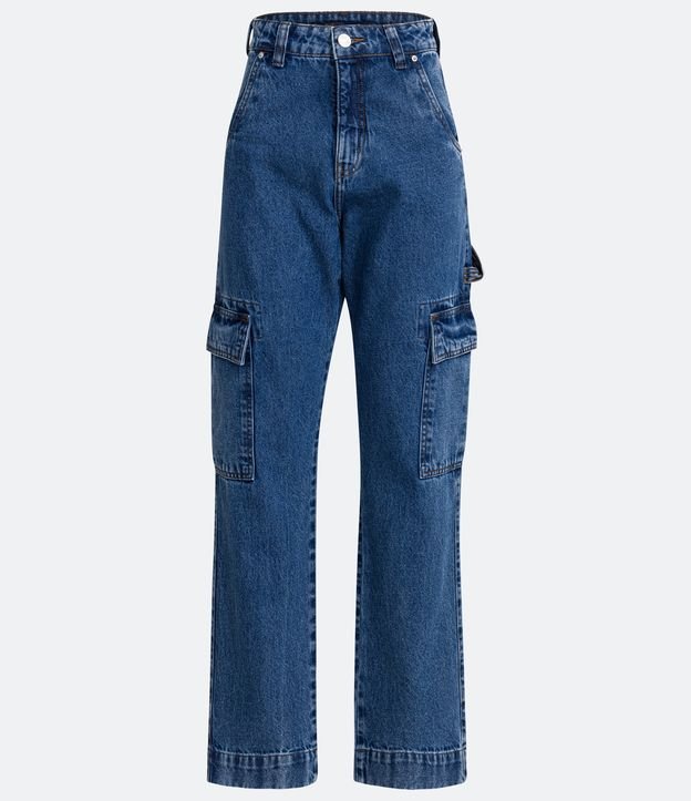 Pantalón Recto Cintura Alta en Jeans con Tira y Bolsillos Cargo Azul 5