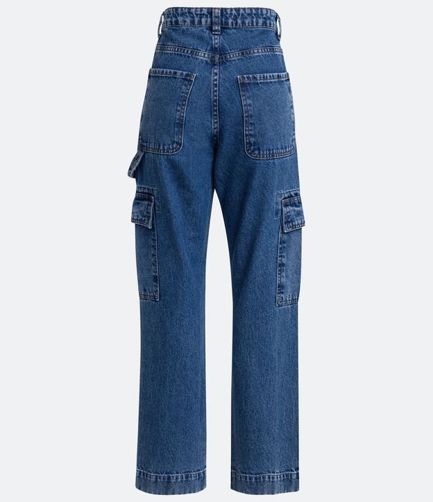 Pantalón Recto Cintura Alta en Jeans con Tira y Bolsillos Cargo Azul 6