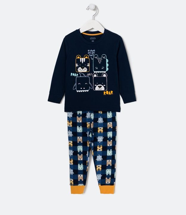 Pijama Infantil Largo con Estampado de Animales y de Cuadros - Talle 1 a 4 años Azul 1