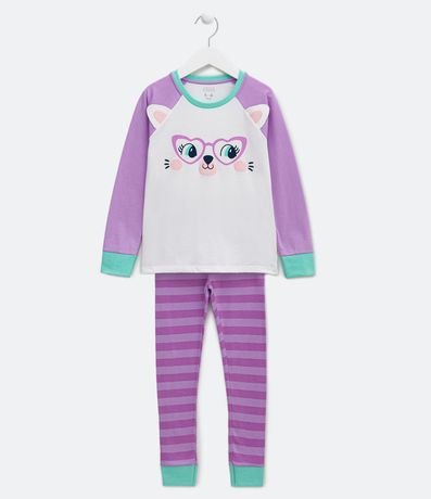 Pijama Longo Infantil com Estampa Stitch e Mangas Coloridas - Tam 4 a 14  Anos Branco Neve