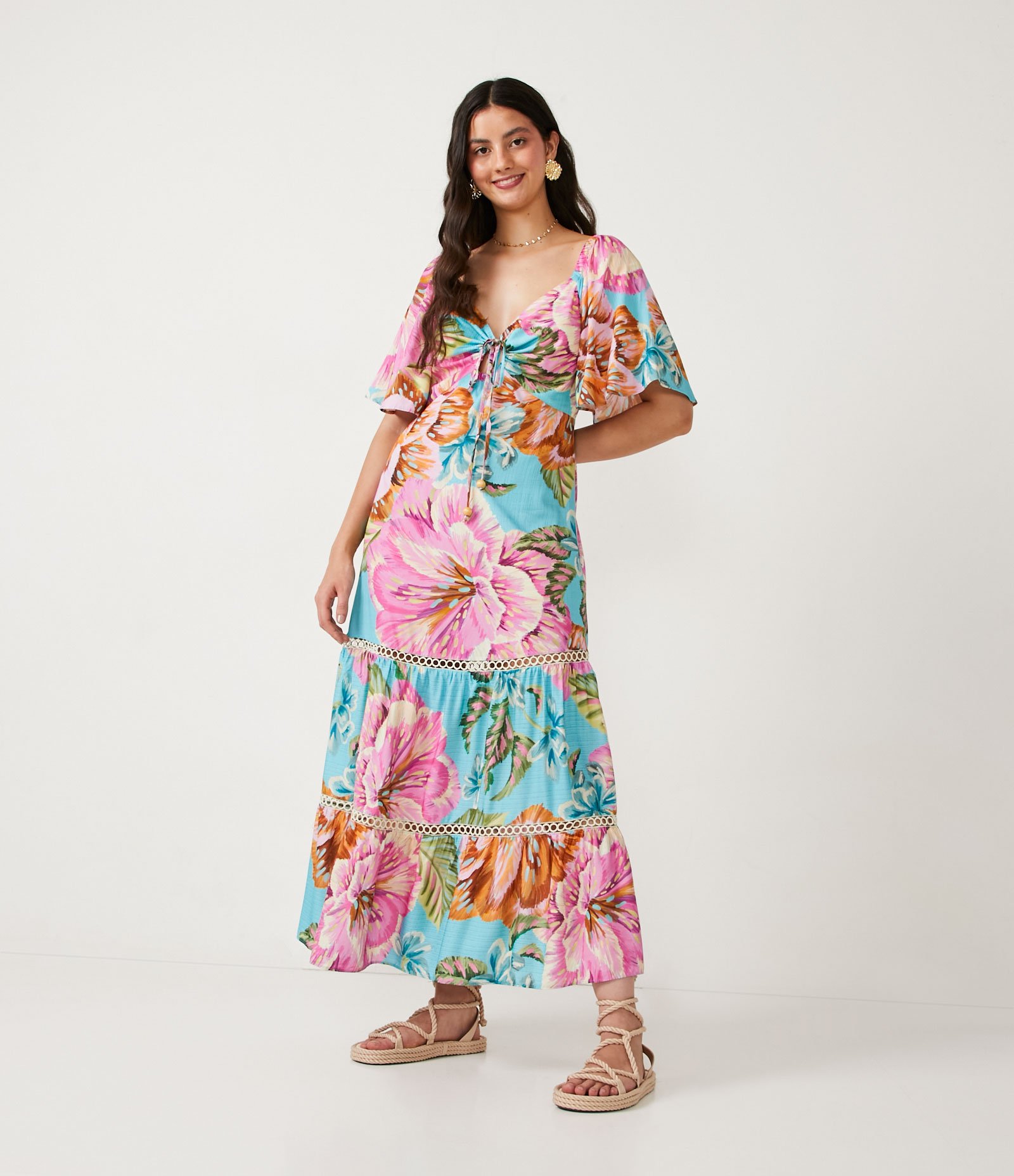 Vestido New Midi em Viscose com Manga Curta e Estampa Floral Azul 1