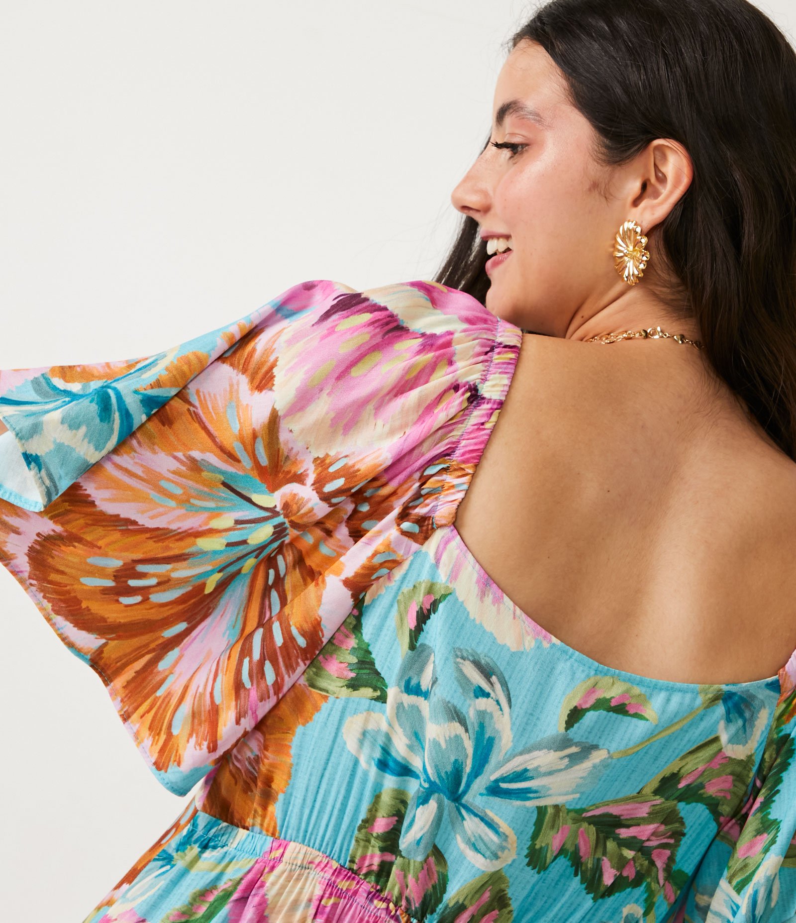 Vestido New Midi em Viscose com Manga Curta e Estampa Floral Azul 5