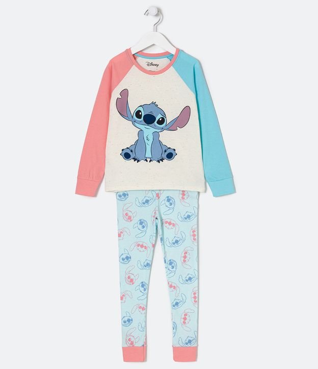 Pijama Largo Infantil con Estampado Stitch y Mangas Coloridas - Talle 4 a 14 años Blanco Nieve 1