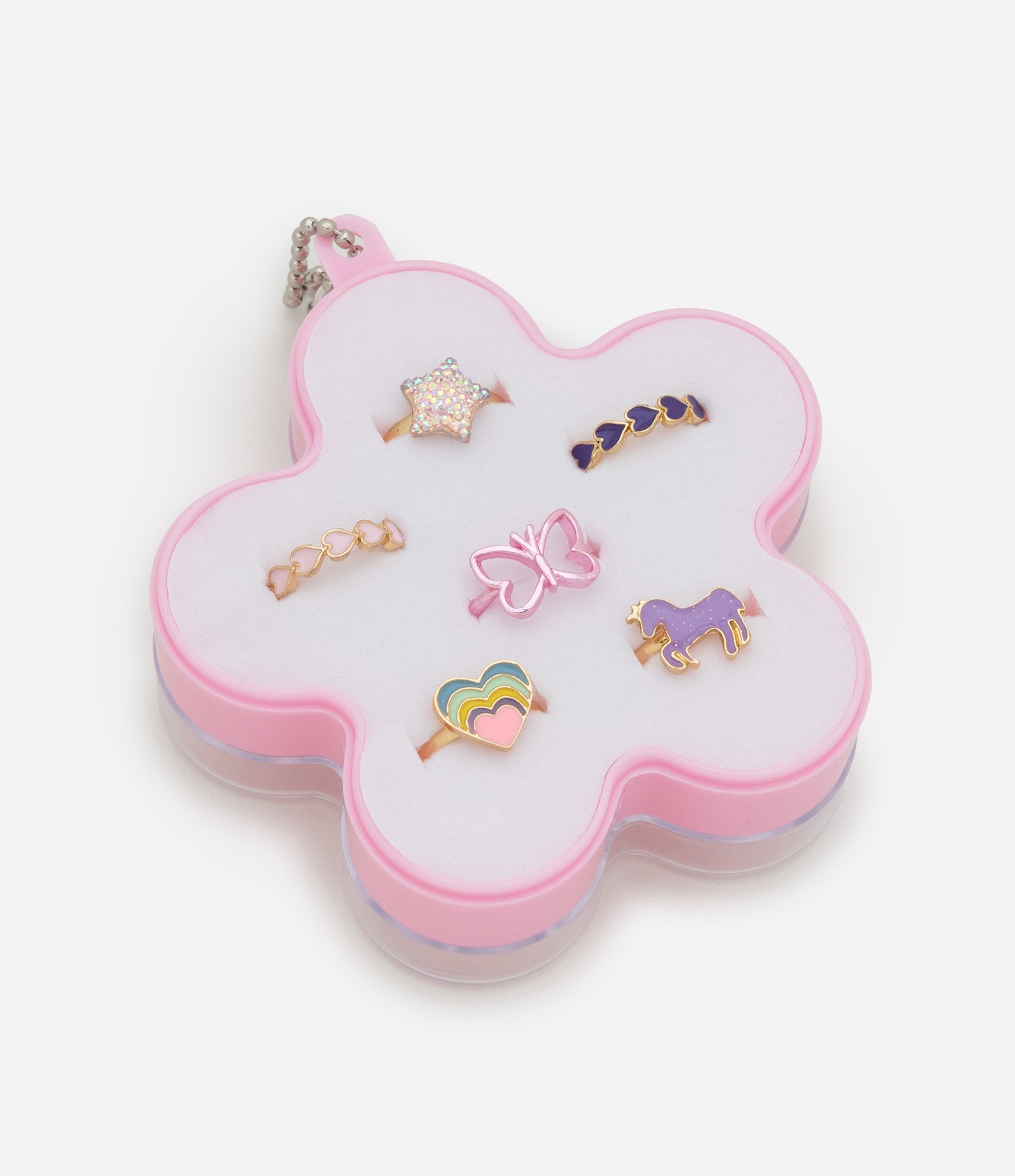 Kit 06 Anéis Infantil em Metal com Caixa de Flor Multicores 3
