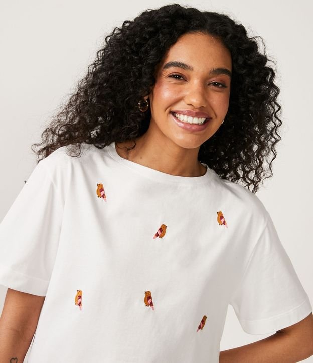 Blusa en Algodón con Manga Corta y Bordados de Pájaros Blanco 4