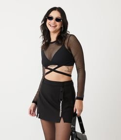 Blusa Cropped Telada com Manga Longa e Amarração na Cintura