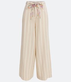Calça Pantalona Cintura Alta com Cinto Cordão e Listras Verticais