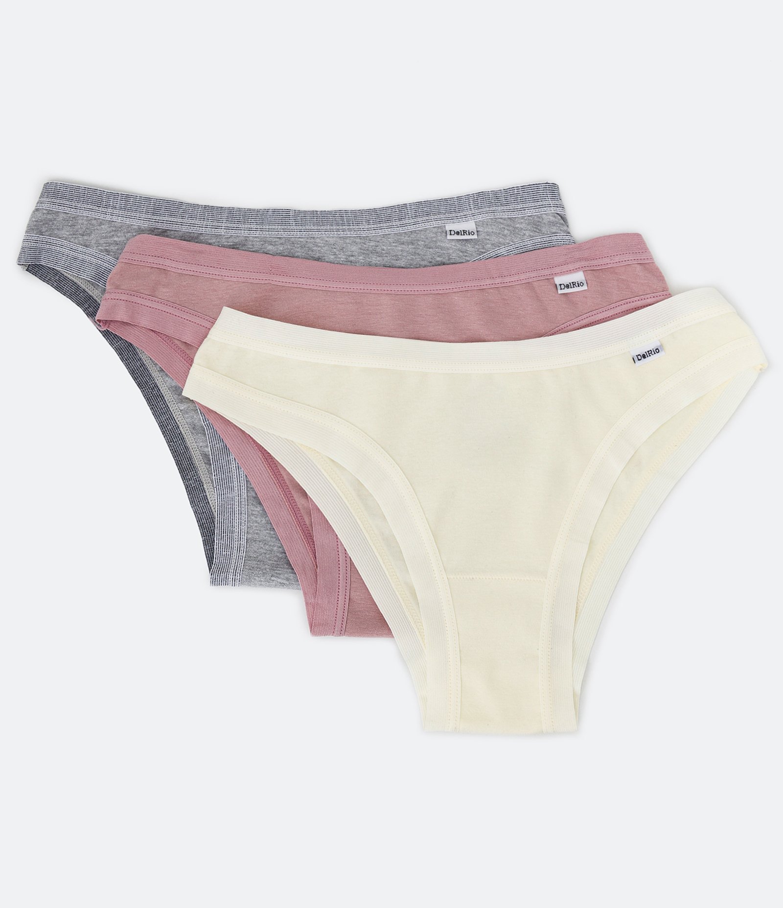Kit 03 Calcinhas Biquíni em Cotton DelRio Cinza/ Rosa/ Amarelo Claro 1