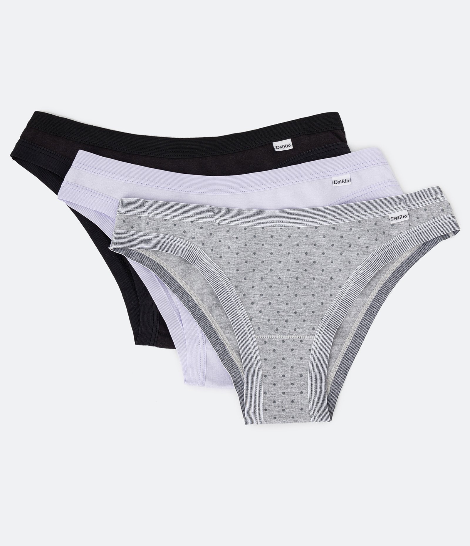 Kit 03 Calcinhas Biquíni em Cotton com Elástico no Cós e Cava DelRio Preto/ Branco/ Cinza 1