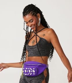 Blusa Cropped de Alça em Fio Metalizado com Argola no Peito