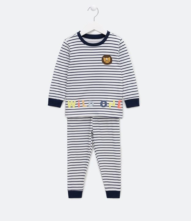 Pijama Infantil Longo em Algodão Listrado com Estampa de Leãozinho - Tam 1 ao 4 anos