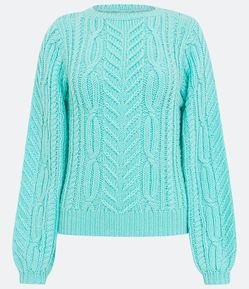 Suéter em Tricô com Manga Bufante e Texturas