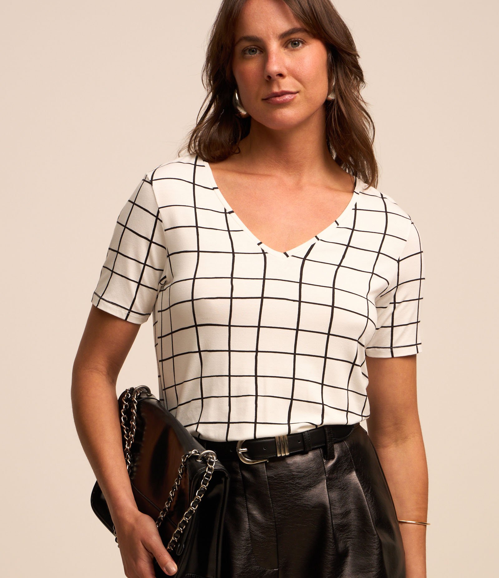 Blusa em Viscolycra com Estampa Xadrez Grid Branco 1