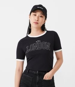 Blusa Cropped en Algodón con Manga Corta y Lettering London