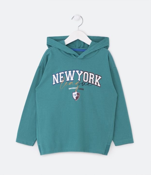 Camiseta Infantil com Capuz e Estampa Localizada New York University - Tam 5 a 14 anos