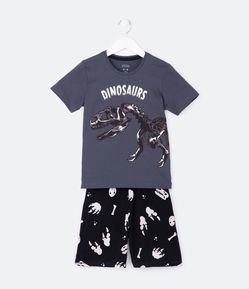 Pijama Curto Infantil com Estampa Dinossauro Esqueleto Brilha no Escuro - Tam 5 a 14 Anos