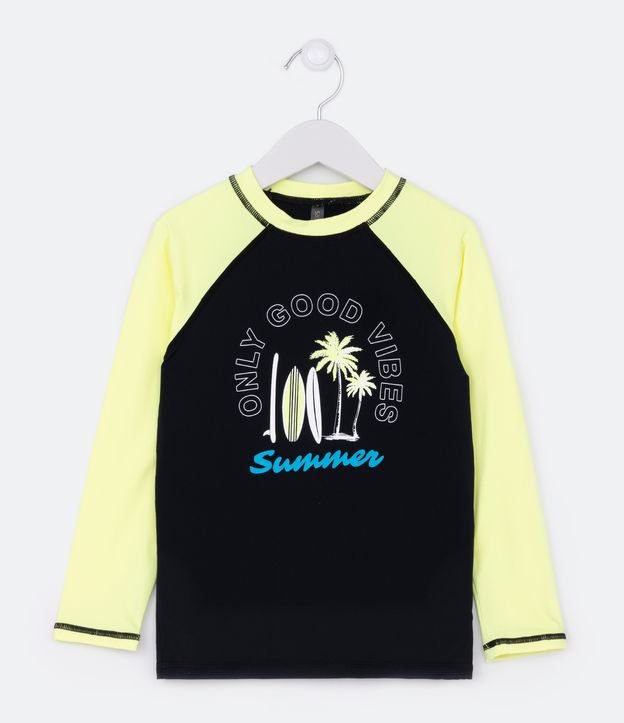 Camiseta Infantil com Proteção UV e Estampa Summer - Tam 5 a 14 Anos - Cor: Preto/Amarelo - Tamanho: 7-8