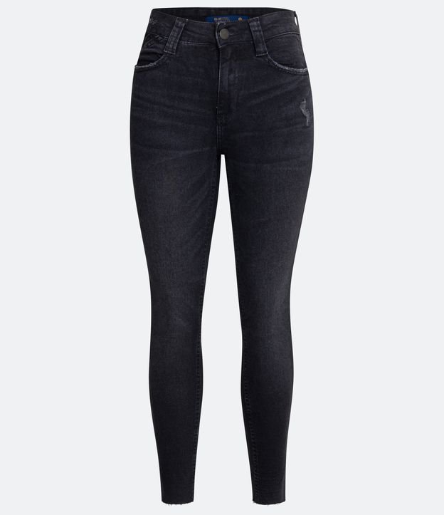 Calça Skinny Cintura Alta em Jeans com Puídos e Pontos de Luz Preto 5