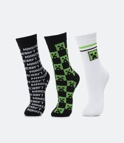 Kit 03 Pares de Meias Cano Médio Infantil Estampa Minecraft - Tam 19/22 ao 31/34