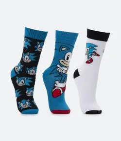 Kit 03 Pares de Meias Cano Médio Infantil com Estampa Sonic - Tam 19/22 ao 31/34