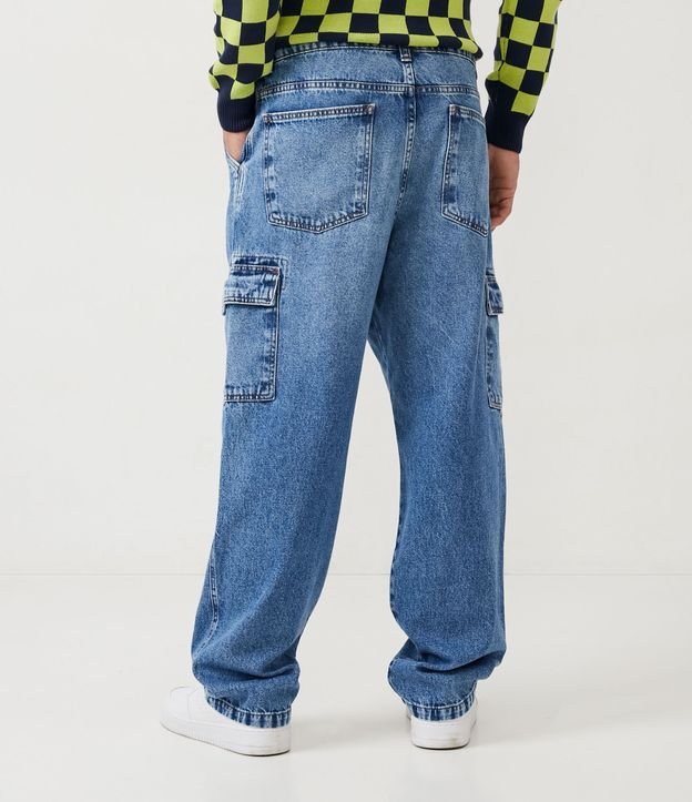 Calça Baggy Jeans com Bolsos Cargo e Efeito Marmorizado Azul 3