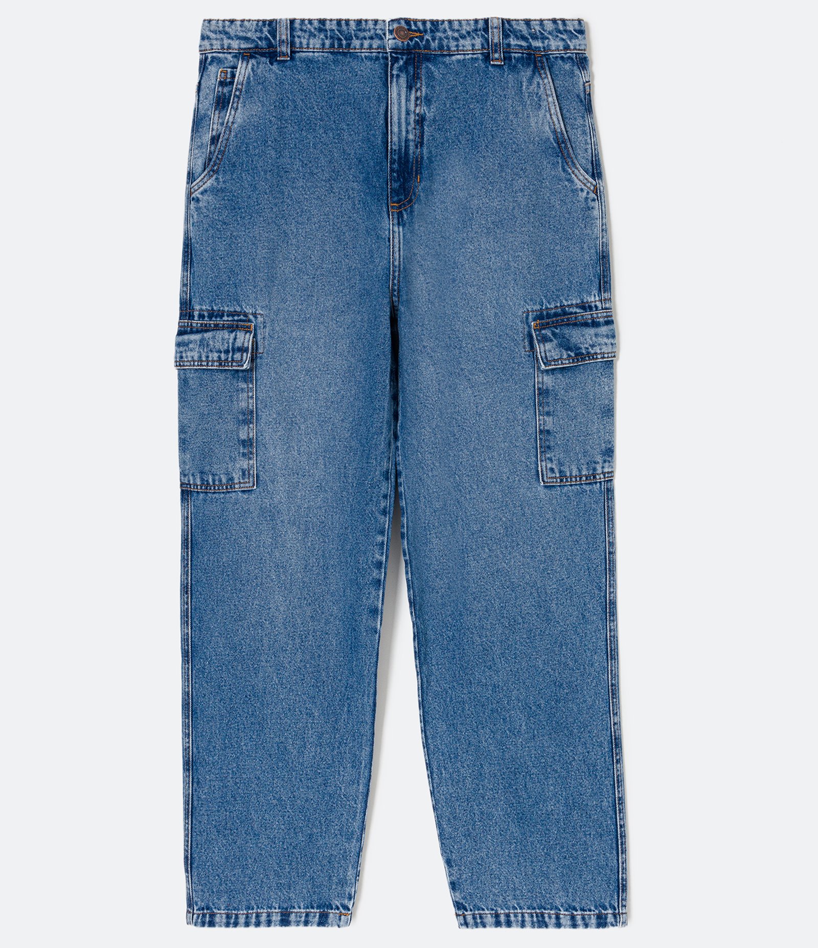 Calça Baggy Jeans com Bolsos Cargo e Efeito Marmorizado Azul 1