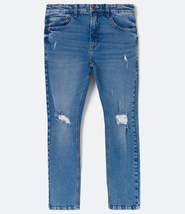 Calça Super Skinny Jeans com Puídos no Joelho Azul 5