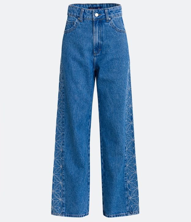Pantalón Años 90 Cintura Alta en Jeans con Bordados Florales de Mandalas Azul 5